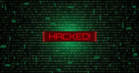 red cyber hack notification alert  green matrix binary data falling