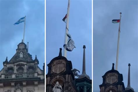 Pro-Palestine protesters scale town hall to tear down Israeli flag ...