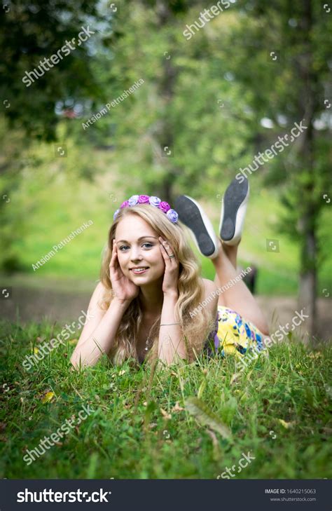 Beautiful Blonde Girl Lying Grass Smiling Stock Photo Shutterstock