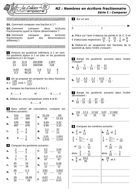 Nombres en écriture fractionnaire Exercices FR comparer AlloSchool