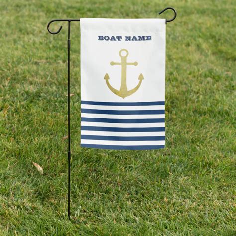 Nautical Boat Name Gold Anchor Navy Blue Stripes Garden Flag Zazzle