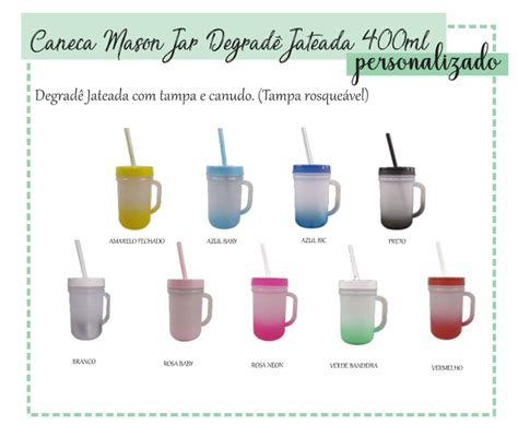 Caneca Mason Jar Degradê Jateada 400ml C Tampa e Canudo Personalizada