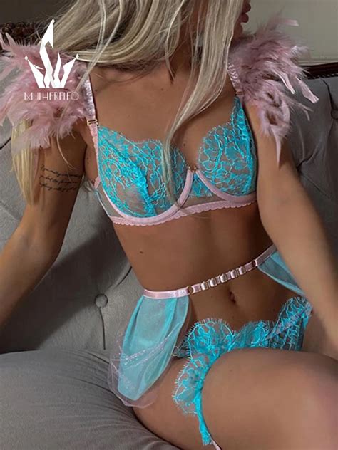 Mulherelfo Fancy Feathers Lace Lingerie Set Women Exotic Contrast Color Transparent Bras Pcs