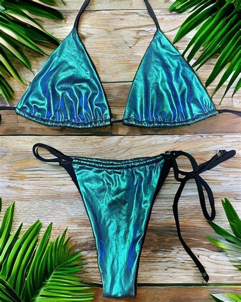 Metallic Blue Bikini Triangle Bikini Top Brazilian Thong Bottoms Womens 2 Piece Set