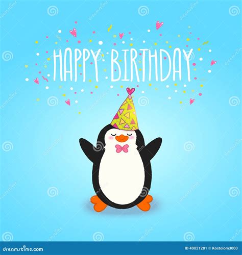 Happy Birthday Card Background With Cute Penguin. Cartoon Vector