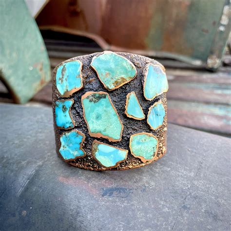 1970s Sunbell Copper Turquoise Cuff Bracelet Approx Size 6 5 Vintage