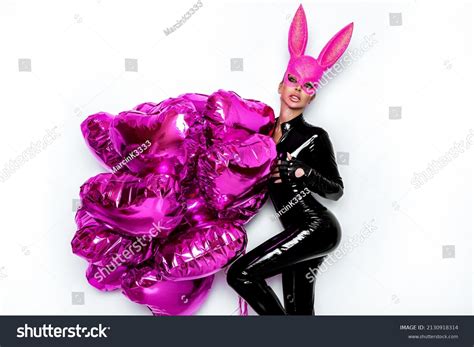 Sexy Blonde Woman Posing Latex Black Stock Photo Edit Now 2130918314