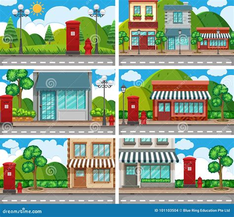 Sex Platser Av Grannar Med Byggnad Längs Vägen Vektor Illustrationer Illustration av berg