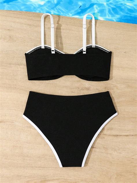 Shein Tween Bathing Suits Retro Elegant Black And White Contrast Bikini Set Suitable For Summer
