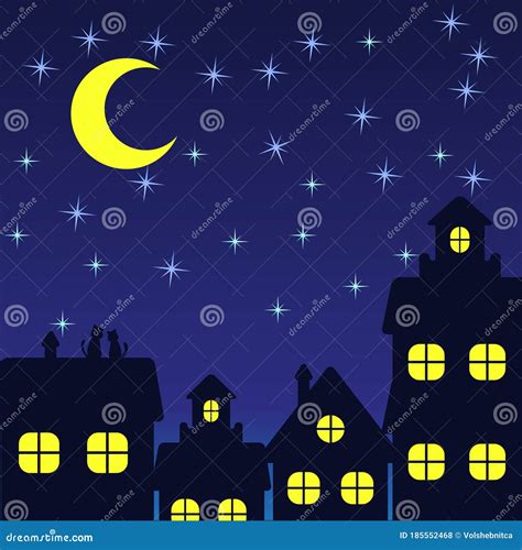 Silhouette Of Night Houses Against The Background Of The Night Sky And