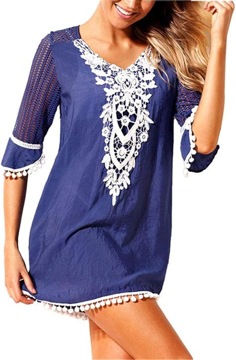 Odot Sommer Strandponcho Damen Sexy V Ausschnitt Bikini Strand Cover Up Knielang Strandkleid
