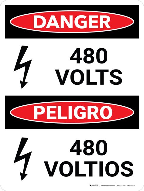 Danger 480 Volts Bilingual Spanish Portrait With Icon Wall Sign