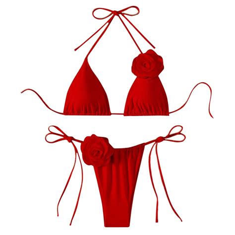 Cute G String Thong Bikini Set For Women Tie Back Halter Triangle Bikini Top Cheeky