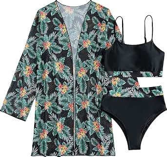 Amazon Floerns Women S 3 Piece Bathing Suit Tropical Print Bikini Set With Kimono Cover Up