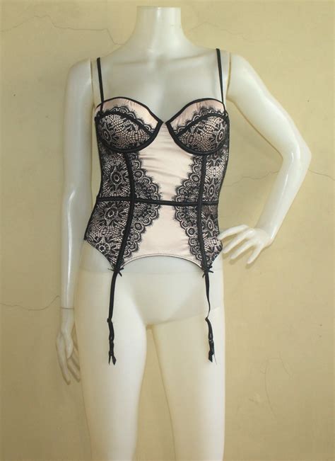 Label Cut Black Lace Inset Nude Beige Bustier Corset Suspender Lingerie