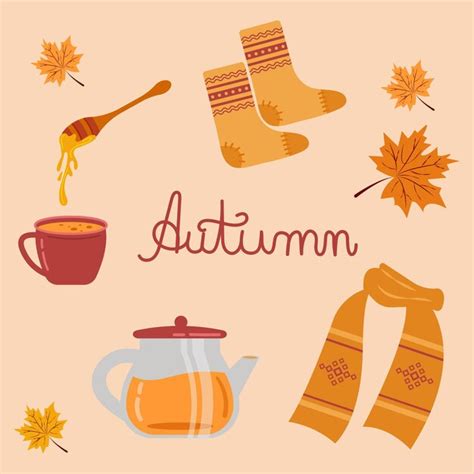 Premium Vector Cozy Autumn Collection Cute Tea Party Set Teapot Cups Honey Hot Drinks Vector