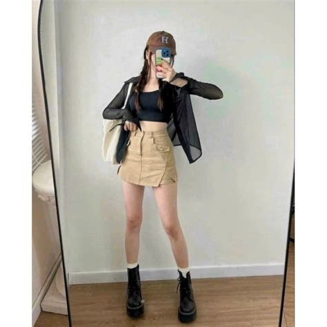 Sét 3 Món Áo Sơ Mi Đen Áo Crop 2 Dây Kèm Chân Váy Kaki Nude Shopee Việt Nam