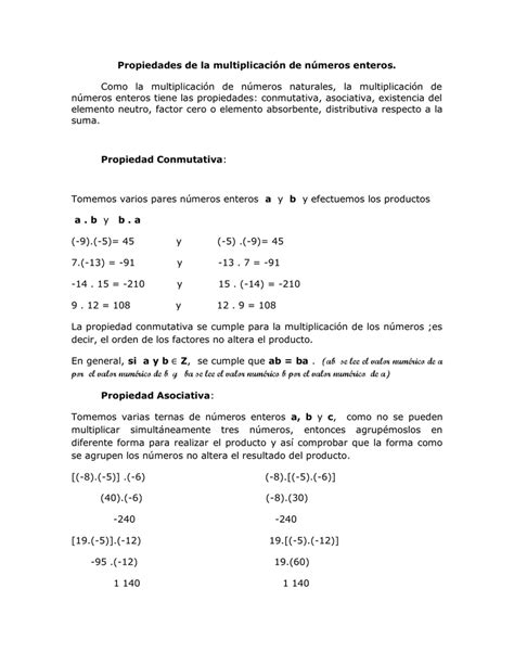 J Propiedades de la multiplicación de números enteros