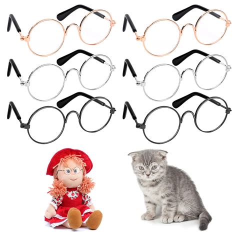 6 Pairs Doll Glasses Metal Wire Rim Clear Lens Small Eyewear Fabric Doll Dress Up