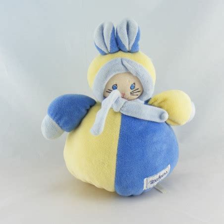 Doudou Lapin Boule Bleu Jaune Nounours