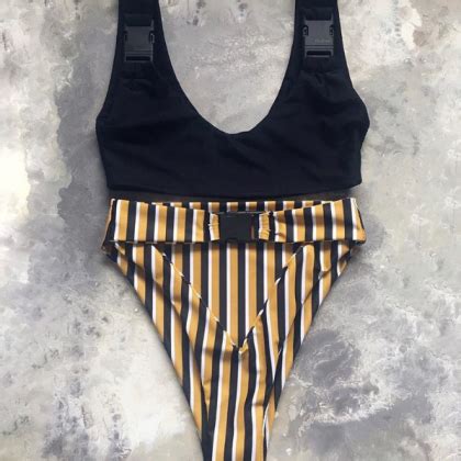 Style Bikini Sexy Stripe High Waisted Split Swimsuit On Luulla