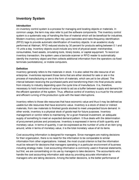 Inventory System Inventory System Introduction An Inventory Control