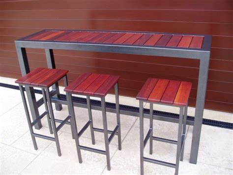 Long Narrow High Top Metal Wood Combo Outdoor Bar Table And 3 Stools