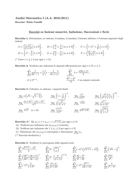 Esercizi Su Insiemi Numerici Induzione Successioni E Serie Analisi