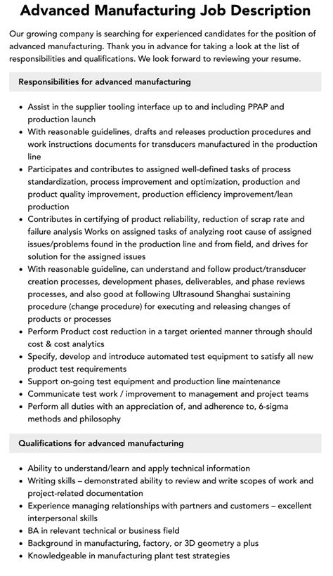 Advanced Manufacturing Job Description Velvet Jobs
