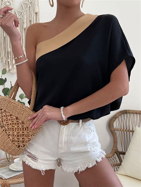 Shein Vcay Two Tone One Shoulder Batwing Sleeve Blouse Shein Uk