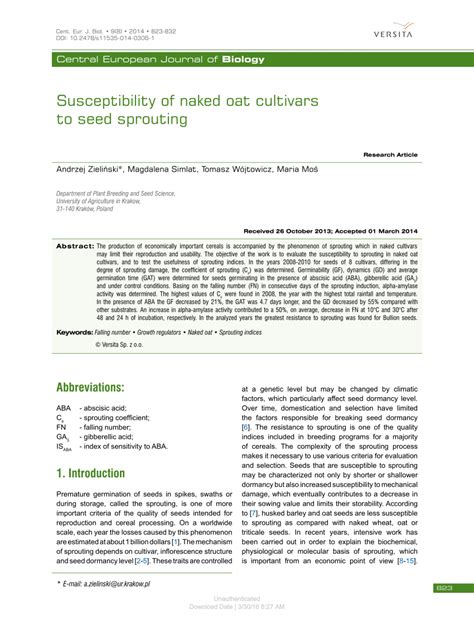 PDF Susceptibility Of Naked Oat Cultivars To Seed Sprouting