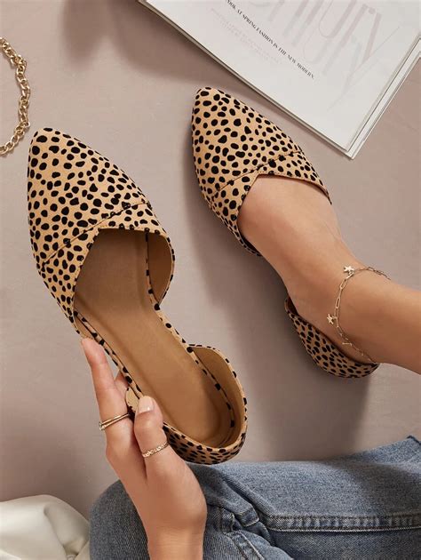 Shuzia Leopard Faux Suede Pointed Toe Flats Shein Usa