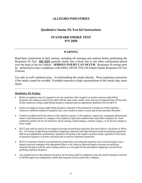 ALLEGRO INDUSTRIES Qualitative Smoke Fit Test Kit Instructions