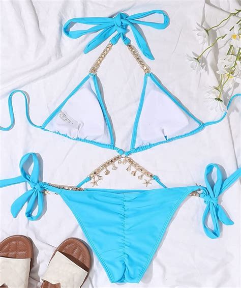 Women S Trendy Piece Triangle Bikini Set Rhinestone Halter Bathing Suit Swimsu Ebay