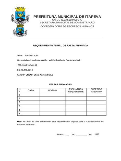 Falta Justificada Não Abonada - Requerimento de Falta Abonada | PDF