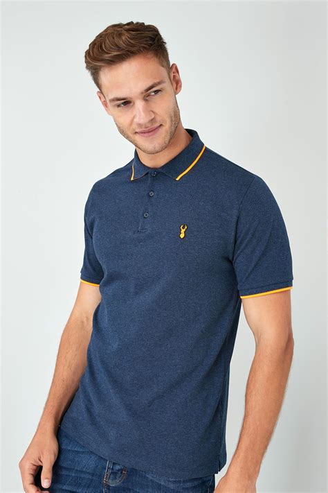 Mens Next Navy Neon Tipped Polo Blue Printed Polo Shirts Printed