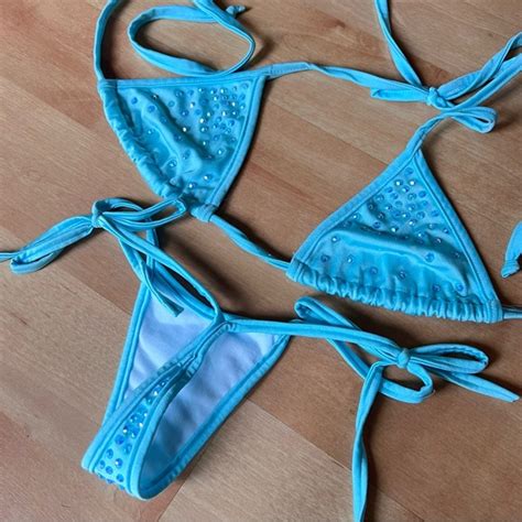 Bodyzone Apparel Swim Light Baby Blue G String Thong String Triangle Bikini Os Rhinestone