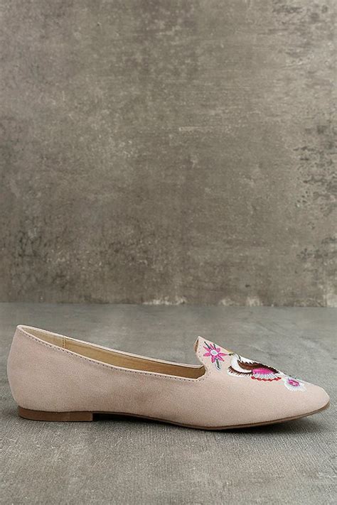 Cute Nude Flats Vegan Suede Loafers Embroidered Loafers Loafer Flats 29 00