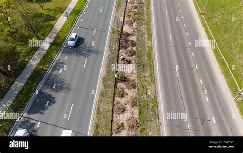 aerial view   divided highway   lanes   direction
