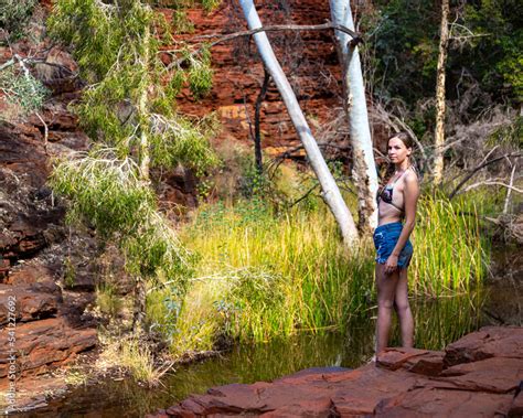 A Beautiful Girl In A Bikini Stands On Red Rocks Above A River In A Canyon In Karijini Park