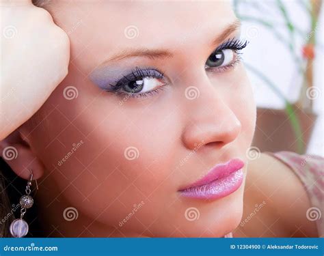 Portrait Of A Cute Brunette With Blue Eyes Stock Photo Image Of Skin