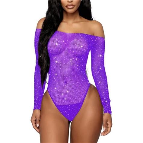 Intimates Sleepwear Rslove Women Lingerie Fishnet Bodysuit Sparkle Rhinestone Sexy Mesh