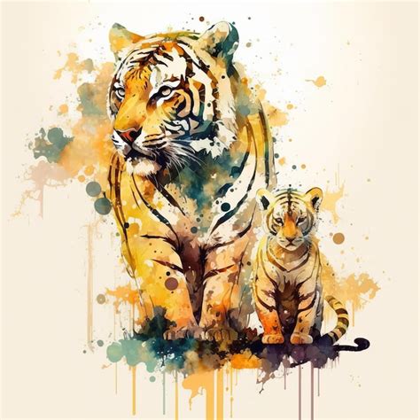 Dibujo Tigre Con Cachorro Fondo Claro Pintura Acuarela Ai Generativa