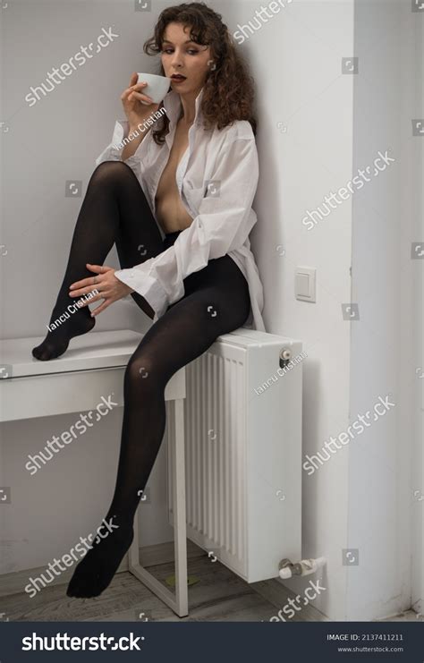 Attractive Sexy Brunette White Shirt Cup Stock Photo Shutterstock