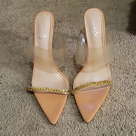 Vivianly Shoes Nude Backless Pointed Toe Heels With Gold Chain