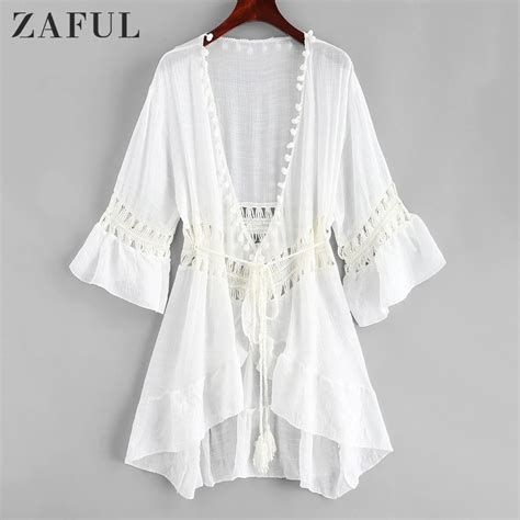 Zaful Branco Croch Bikini Cobrir Plissado Feminino Sexy Decote Em V T Nica Praia Vestido