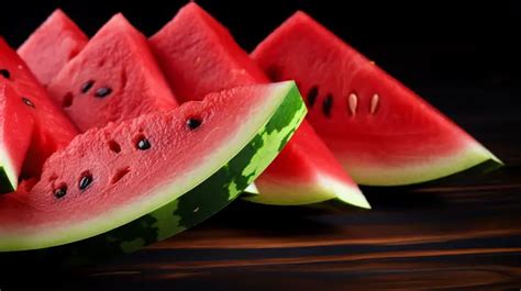 Close Up Photo Refreshing Watermelon Slices On Dark Wooden Background ...