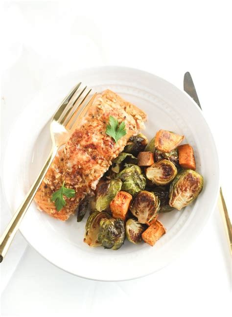 Sheet Pan Maple Dijon Salmon With Brussels Sprouts And Sweet Potatoes