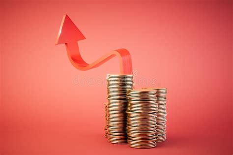 Red Up Arrow And Stacks Of Gold Coins Isolated On Red Background 3d