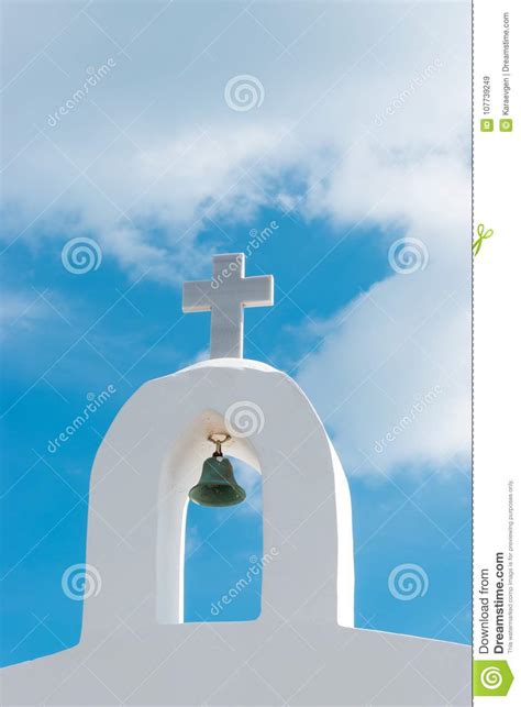 Stone Cross Over The White Greek Church In Sky Stock Image Image Of